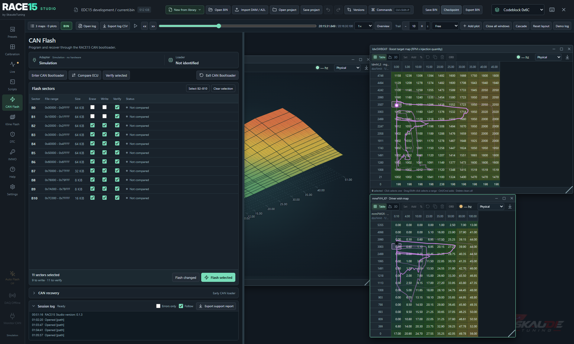 RACE15 Studio CAN programming workspace with selected-sector controls