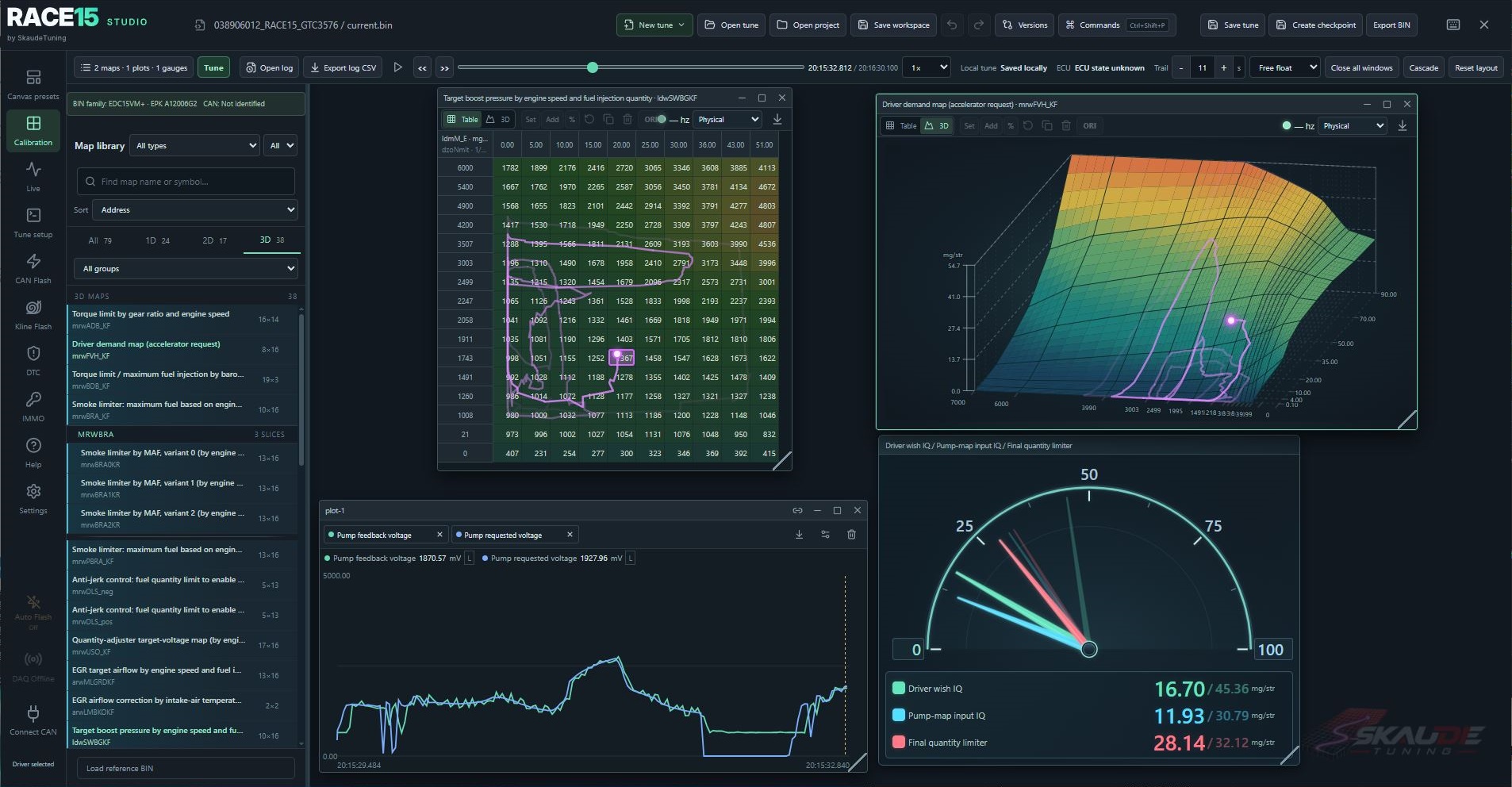 RACE15 Studio with map library, calibration table, 3D surface, signal plot and gauge in one workspace